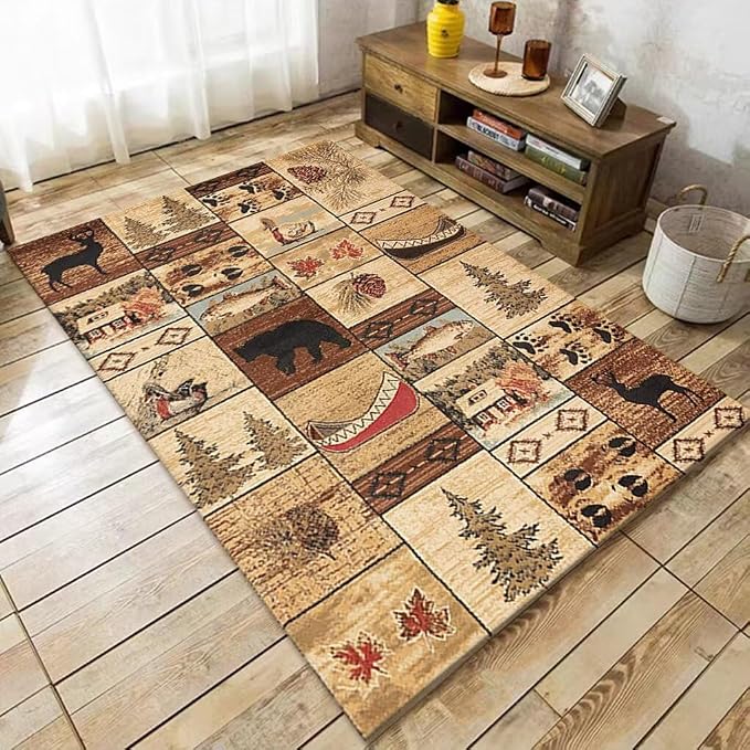 Cabin Moose Deer Rugs 5ftx7ft Wildlife Elk Bear Print Area Rug for Dining Living Room Bedroom Non-Slip Western Bear Indoor Entryway Mat