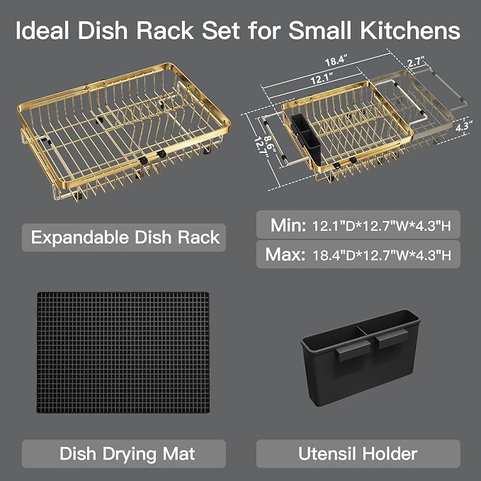 Gold Dish Drying Rack Over The Sink with Utensil Holder, Mat | Expandable Stainless Steel Dish Drainer for Small Kitchen, Apartment, RV, Counter Space Saving, Perfect Fit, Rustproof