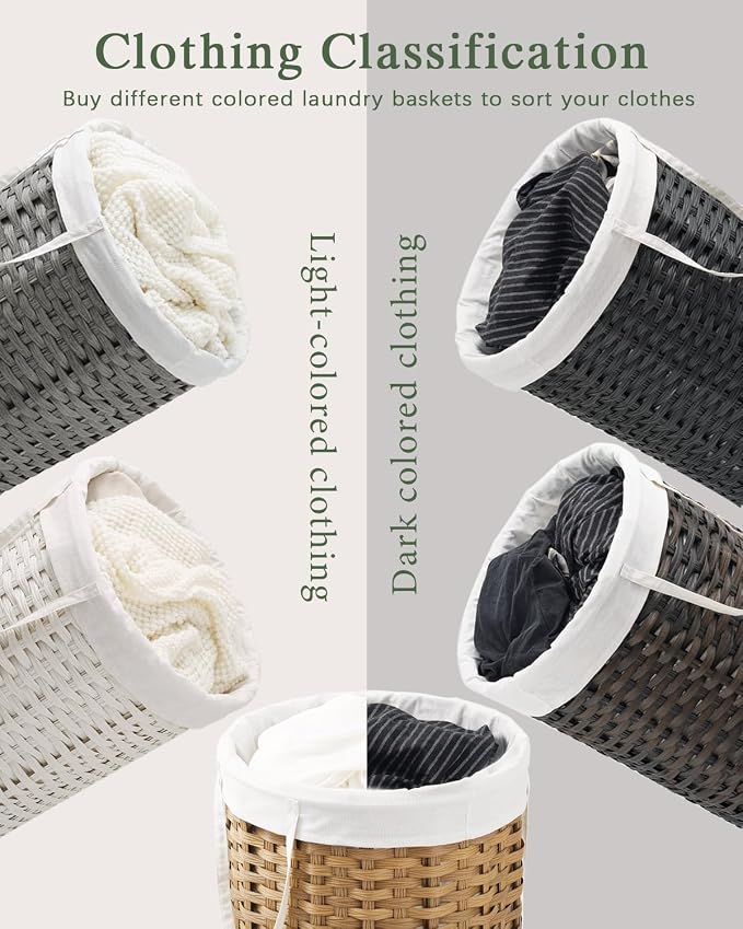 SETVSON Laundry Hamper Laundry Basket Round 19.0 Gal (72 L) Handwoven Rattan Hamper, Large Wicker Laundry Hamper with Removable Laundry Bag Handles 2 Mesh Bags for Bathroom Living Room Gray (No Lid)