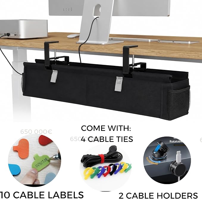 Large Under Desk Cable Management Tray, 28", Black Standing Under Cable | No Drill, Fabric Cord Organizer with Reinforced Base, Clamp Mount Wire Management, For Office/Home & Standing Desk