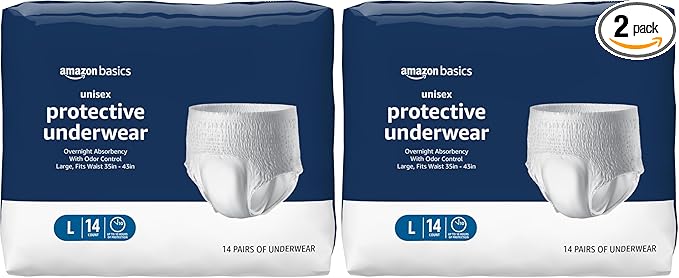 Amazon Basics Unisex Adult Incontinence Protective Underwear, Overnight Absorbency, Moisture-Wicking, Soft, Latex Free, Large, 14 Count (Pack of 2)
