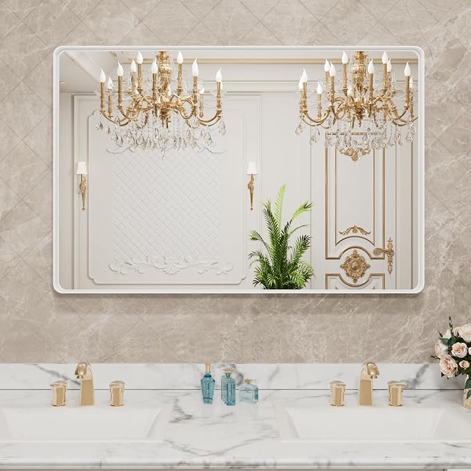 LOAAO 40x36 Inch White Metal Framed Bathroom Mirror for Wall, White Bathroom Vanity Mirror Farmhouse, Large Rounded Rectangle Mirror, Anti-Rust, Tempered Glass, Hangs Horizontally or Vertically