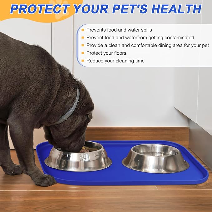 SMILOOL Waterproof Silicone Pet Food Mat with Raised Edge for Dog & Cat | 22" x 14" Non-Slip Pet Feeding Mats with Lip for Food & Water Bowl, Food Grade, Easy Cleaning, Navy Blue