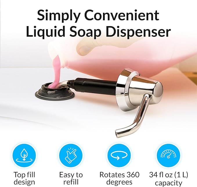 Bobrick B-822 Manual Top Fill Liquid Soap Dispenser 34 fl oz. (1L) Liquid Soap Capacity, 4- Inch Free-Turning Spout for Public Restroom Countertops, Chrome Finish