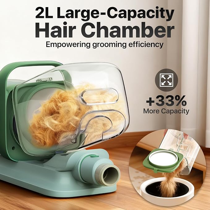 buenkee Dog Grooming Kit with Vacuum, 15000Pa Pet Hair Clipper and Shedding Brush, 2L Capacity, Green