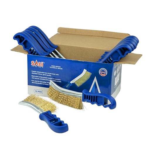 SALI Heavy Duty Wire Brushes for Cleaning Rust Removal Brass Brush Tool 11" Long Handle with Plastic Handle,for Automotive,Grill,Paint , Welding Slag&Household，More and Thicker Bristles Pack of 12