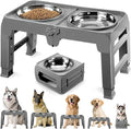Elevated Dog Bowls for Large Dogs 5 Adjustable Heights 7.5"-15.4", 2 X-Large 10” Stainless Steel Bowls, Heavy Duty Raised Dog Bowl Stand Foldable Pet Feeder for Dogs Shoulder Height Over 15”, Grey