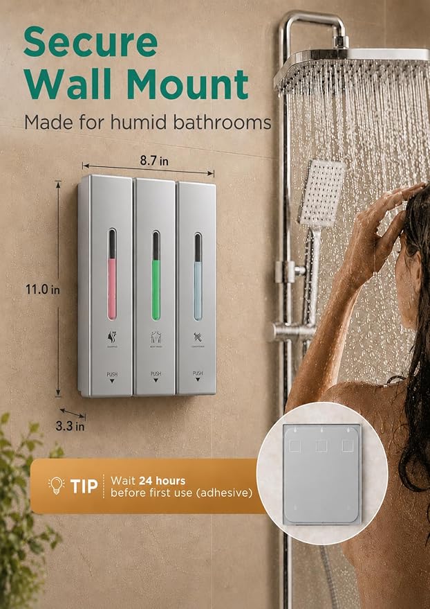 Shampoo and Conditioner Dispenser Wall Mounted, 3-Chamber Shower Soap Dispenser for Bathroom, 1200ML Large Capacity, No-Drill Installation, Clog-Free Pump for Thick Liquids (silver-3-pack)
