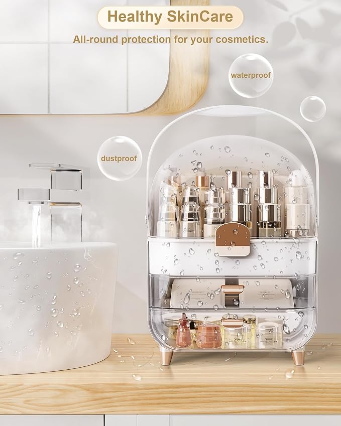Makeup Organizer Countertop, Skincare Holder Bathroom Counter Organizer, Storage Box Cosmetic Display Cases, Teen Girl Gifts Make up Organizers (White/Brush)