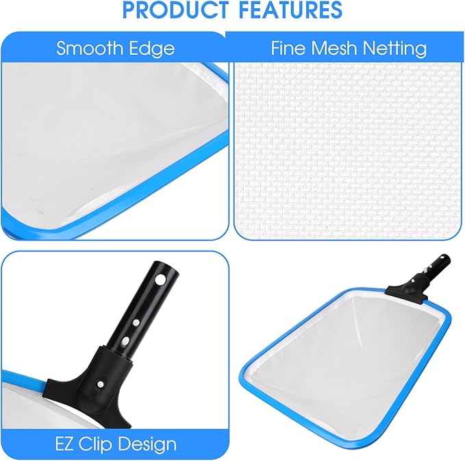 TidyMister 3PCS Cleaning Kit - 12.5'' Brush With Round End & 11'' Skimmer Net Fine Mesh & 5.7 Feet Thick Aluminum Pole 5-Segment, for Above Ground & Inground Pools Ponds