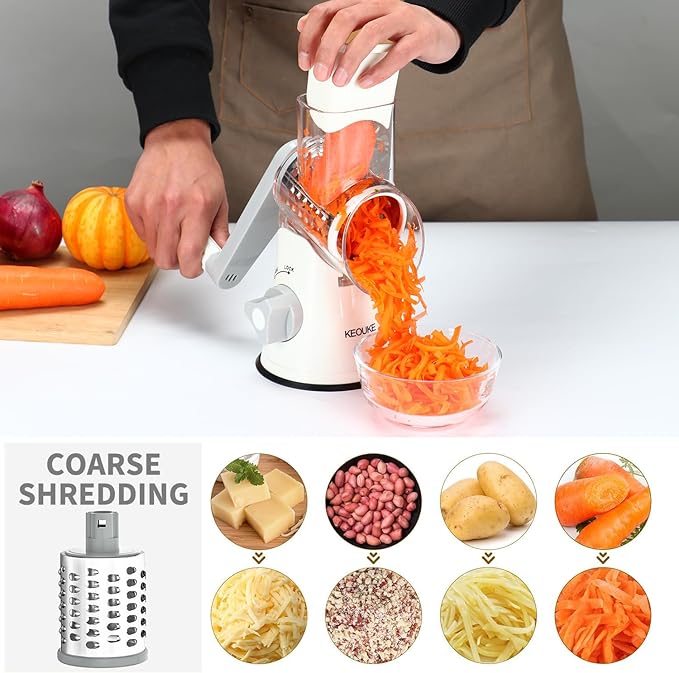 Cambom Rotary Cheese Grater Hand Crank Cheese Shredder for Fresh Cheese, Vegetable, Nuts,Non-slip Suction Base,Three Blades,White
