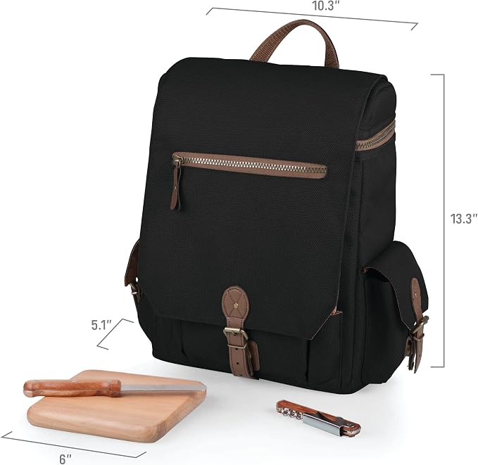 Picnic TIME Moreno 3-Bottle Wine & Cheese Tote, Luxury 3 Bottle Insulated Wine Bag Set with Cheese Board, Knife, & Corkscrew, Adjustable PaddedStrap, and Pockets, Romantic Kit for Couples, (Black)