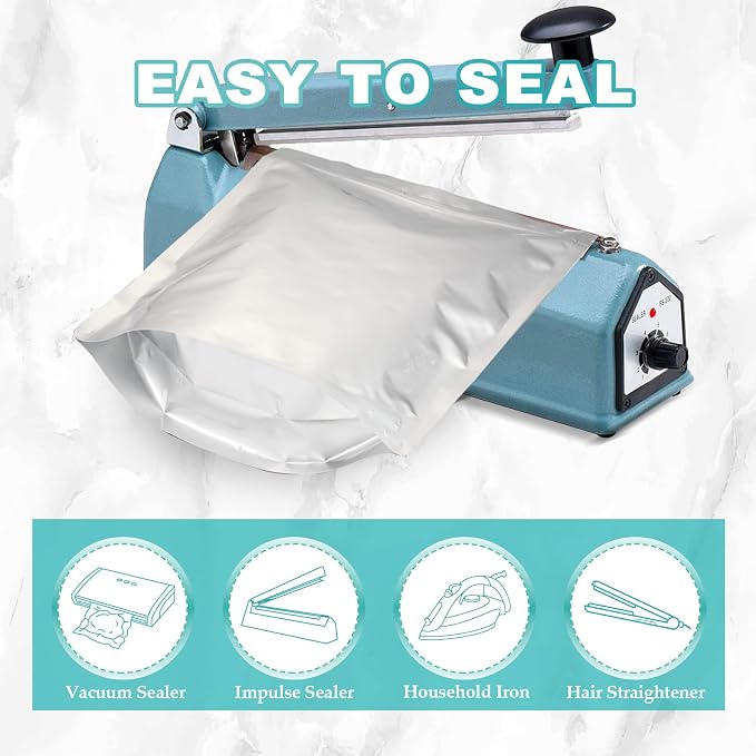 50pcs Mylar Bags for Food Storage With Oxygen Absorbers, 15 Mil Extra Thick Mylar Bags, 4 Size Set(5 Gallon, 2 Gallon, 1 Gallon, 1 Quart)2500cc and 400cc Oxy-Sorb (Individually Sealed)