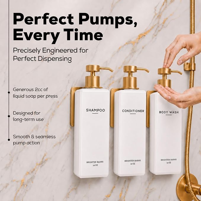 Luxury Shampoo and Conditioner Dispenser Set Wall Mounted by Brighter Barns - Refillable Shampoo Conditioner Body Wash Dispenser - No Drill Shower Soap Bottles for Guest Bathroom Decor, Airbnb (Gold)