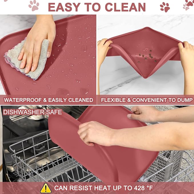 SMILOOL Waterproof Silicone Pet Food Mat with Raised Edge for Dog & Cat | 19" x 12" Non-Slip Pet Feeding Mats with Lip for Food & Water Bowl, Food Grade, Easy Cleaning, Erythrinus