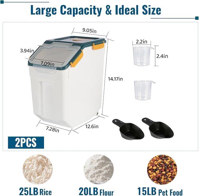 2 Pack Rice Container 25 lbs Large Bulk Flour Sugar Storage Holdhouse Plastic Grain Cereal Dry Goods Bin with Spoon and Measuring Cup for Kitchen Pantry Organization - Blue