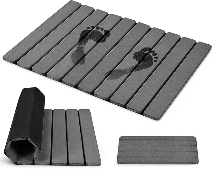 Foldable Stone Bath Mat, 2 PCS Quick-Dry Diatomaceous Earth Stone Drying Mat for Bathroom, Non-Slip Rubber Base, Shower Mat Outside Shower, Easy to Store, Easy to Clean (Grey 24"×16" & 8"x4")