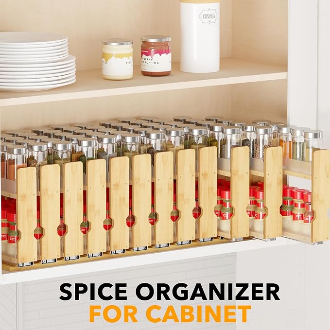 SpaceAid Bamboo Pull Out Spice Rack Organizer for Cabinet, Heavy Duty Slide Out Seasoning Kitchen Pantry Sliding Vertical Organization, 10.1" Wide, 4 Drawers(2" Wide), 2-Tier, Natural