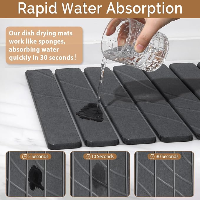 Large Stone Dish Drying Mat for Kitchen Counter,2 PCS Quick Dry Stone Mats,Foldable Water Absorbing Diatomaceous Drying Pad for Countertop Bottles Utensils Cups (Flow Line Dark Gray 24"x16" & 8"x4")