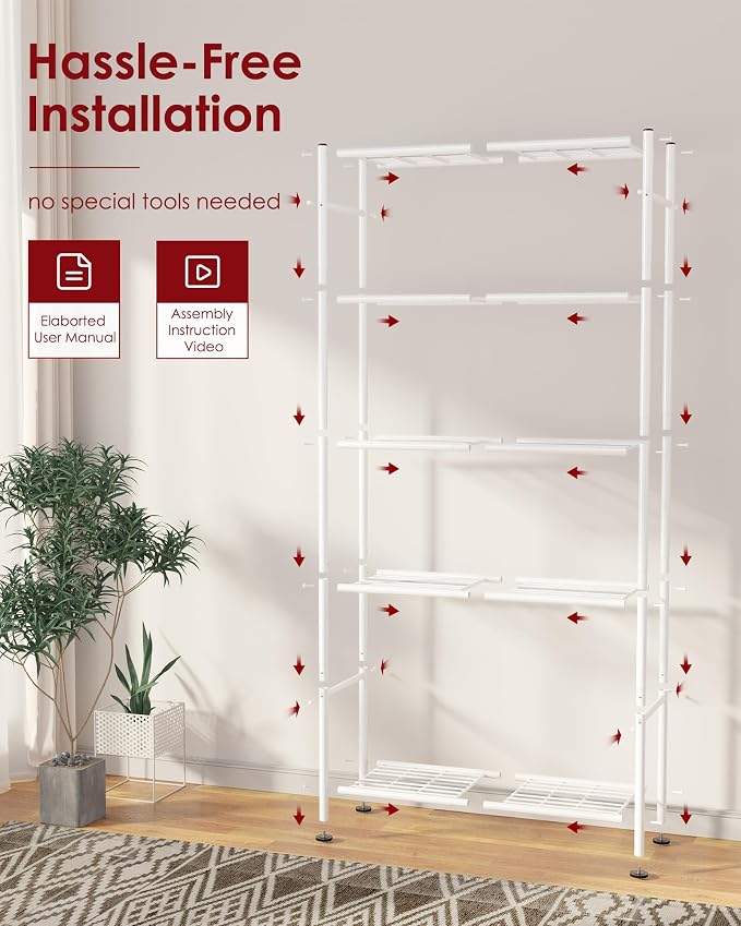 Sakugi Storage Shelves - 5 Tier Shelf Organizer, Heavy Duty Garage Shelving Unit with Leveling Feet, Stable Metal Shelves Organizer for Pantry, Kitchen and Closet, 33.0" W x 12.6" D x 72.0" H, White