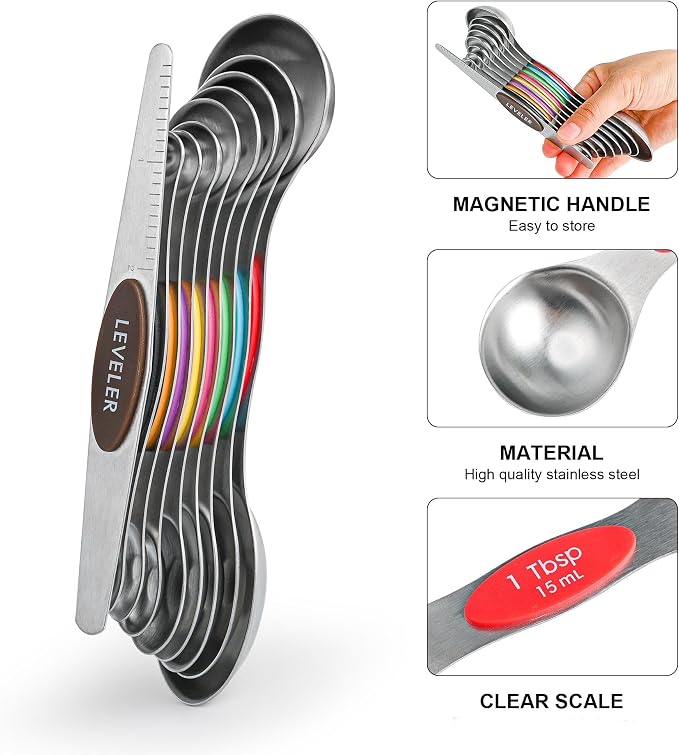 Measuring Cups and Spoons Set 16, Metric & US Stainless Steel Magnetic Measuring Cups and Spoons Set for Baking & Kitchen, Dry & Liquid Metal Measure Cups & Spoons with Leveler
