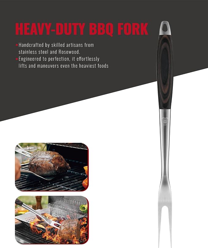 Grilaz Stainless Steel BBQ Tool Set | Dark-Dyed Wood Handles | Heavy Duty Grilling Accessories | 3-Piece Outdoor Barbecue Grill Utensil Set with Spatula, Fork, and Tongs - Ideal Gift for Men…