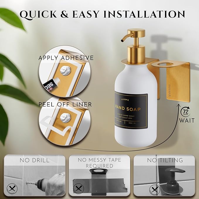 Shower Shampoo Dispenser Wall Mounted – Refillable 16.9 oz White Bottle with Stainless Steel Pump & No-Drill Adhesive Holder – Soap Dispenser for Bathroom (1 X White/Gold)