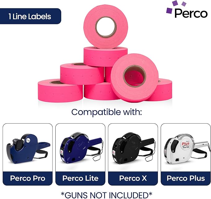 Perco 1 Line Fluorescent Pink Labels - 8,000 Blank Price and Date Gun Labels for Perco Lite, X, Plus and Pro 1 Line Price and Date Guns - 8 Rolls, 1 Sleeve - Made in USA