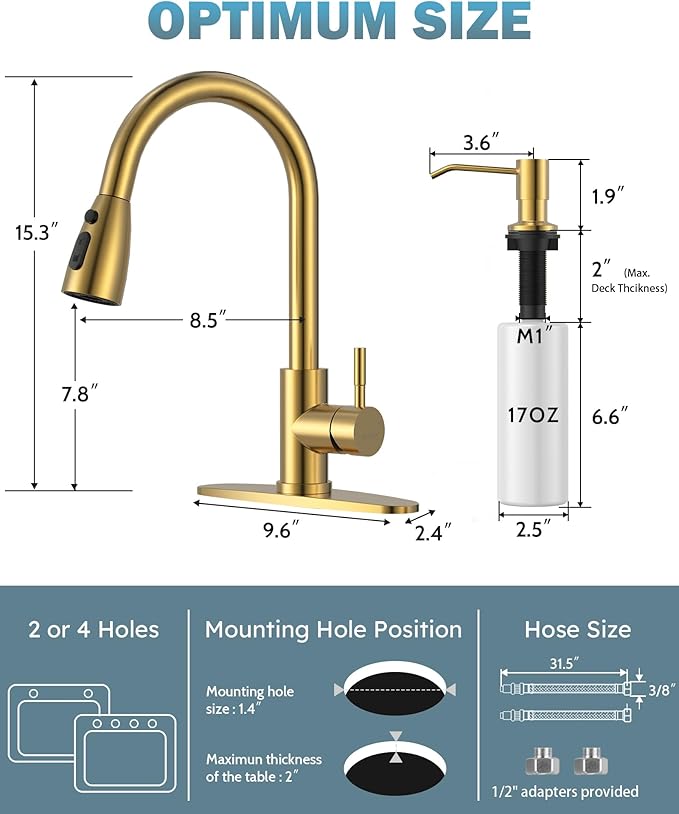 Brushed Gold Kitchen Faucet with Soap Dispenser, WOWOW Stainless Steel Kitchen Faucet for Sink, Single Handle Luxurious Gold Kitchen Sink Faucet with Sprayer
