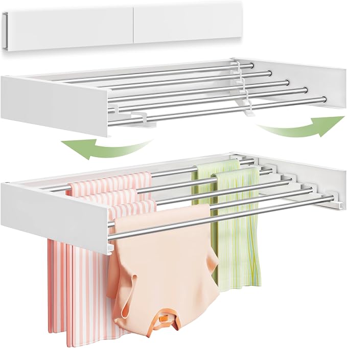 Vikaqi Wall Mounted Clothes Drying Rack 32", Foldable Wall Mount Laundry Rack Folding Indoor, Drying Rack Clothing Collapsible, Hidden Space Saver with Wall Template, 5 Rods, White