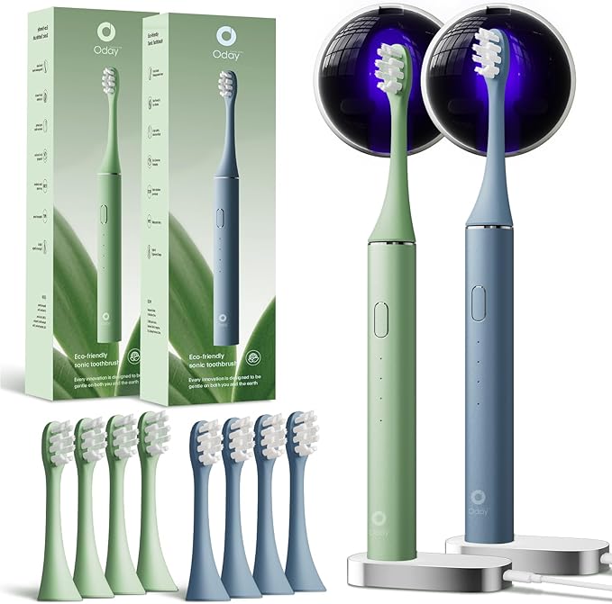 ODAY Electric Toothbrush Sets Blue+Green, 2 Pack Sonic Toothbrush with Wall Mounted Toothbrush Holder and 8 Brush Heads for Gift,Travel, Family, Friends