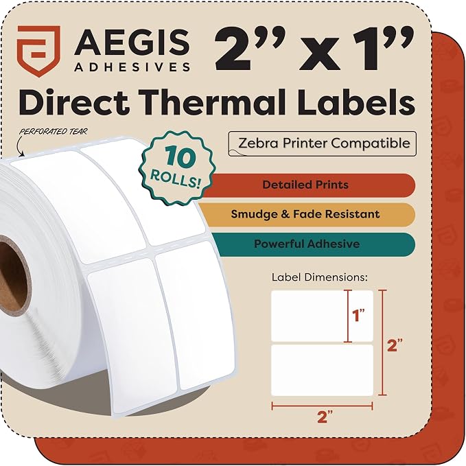 Aegis Adhesives - 2" X 1" (2-Up) Direct Thermal Labels (26000 Count, 10 Rolls with 1" Core) - Barcode Stickers, Inventory and SKU Labels - Compatible with Zebra Printers, NOT Rollo Compatible