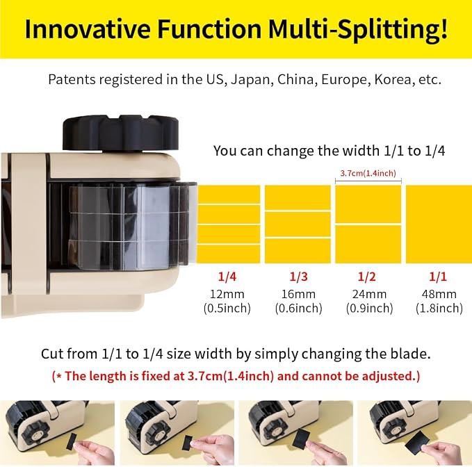 [TENDO°] TENDO Multi-Section Tape Dispenser, Custom Width Tape Cutter with 4 Cutting Sections, Built-in Safety Blade, Ergonomic Grip for Packing and Office Use, ZO-508(Beige)