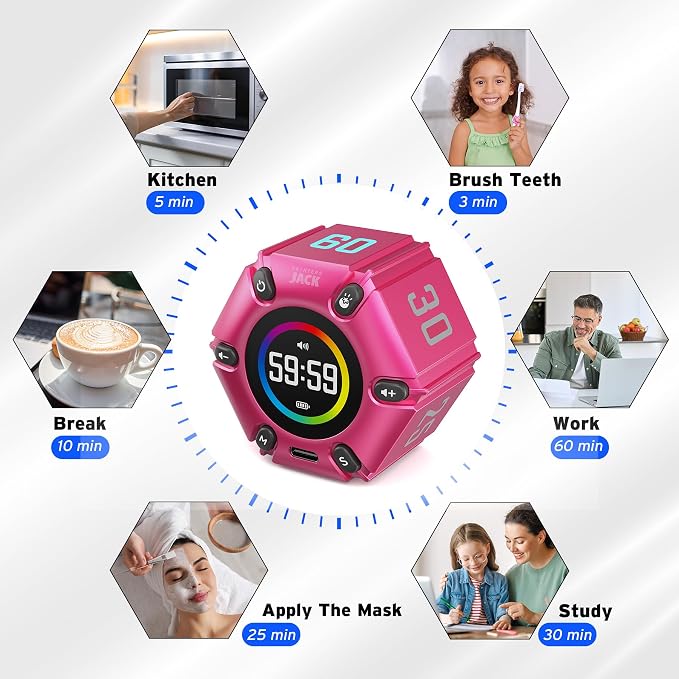 Printers Jack Visual Pomodoro Timer, Productivity Cube Timer, Mute & Vibration & Adjustable Sound Alert, for Office, ADHD, Study, Work, 3/5/10/25/30/60min & Custom Countdown - Hot Pink