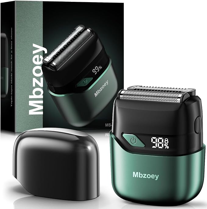 Mbzoey Electric Foil Shavers for Men: IPX7 Waterproof - Emerald Green | Mini Razor for Travel- Face Shaver with LED Display & USB-C Fast Charge - Micro-Comb Technology & Precision Blades