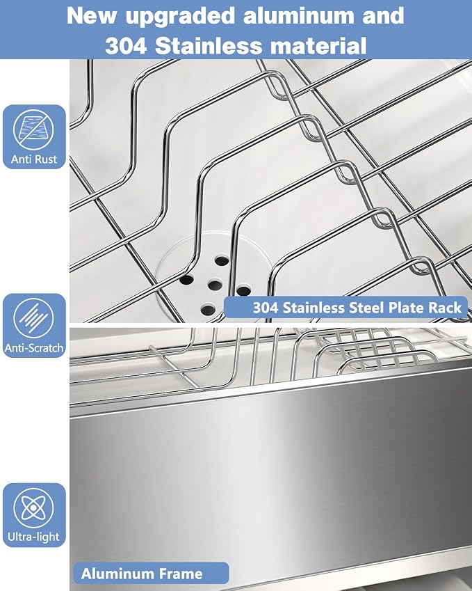 Dish Drying Rack, Thicker Premium Aluminum Frame and 304 Stainless Steel Plate Rack for Kitchen Counter, Automatic Drainage Spout, Dish Drainer & Drainboard Set with Utensil Holder, White