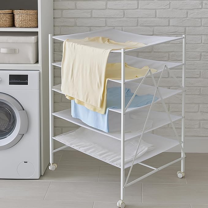 Honey-Can-Do 5-Tier Mesh Laundry Drying Rack with Wheels, Soft Nylon Flat Drying for Sweaters Delicates, Foldable Rolling Clothes Rack, 43 Linear Feet, Holds 30 lbs, White