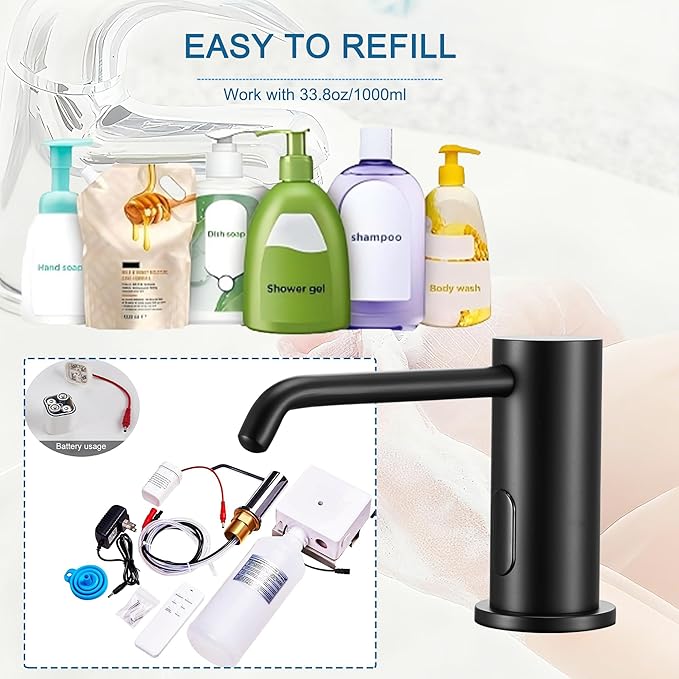 Automatic Soap Dispenser Touchless for Kitchen Bathroom Sink Built in Electric Soap Dispenser Infrared Sensors Liquid Commercial Dispenser with Bottle and Pump 33.81oz/1000ml (Black)