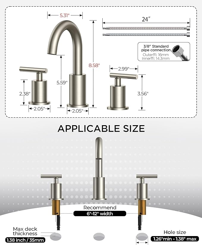 FORIOUS Brushed Nickel Bathroom Faucet 3 Hole with Metal Pop Up Drain and 24" Supply Hose, 2 Handle 8 Inch Widespread 3 Hole Vanity Faucet for Bathroom Sink Brush Nickel with 360° Swivel Spout