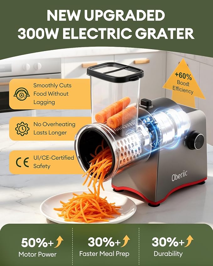 Upgraded 300W Electric Cheese Grater with 5 Stainless Steel Blades, Cheese Shredder Electric for Slicing, Shredding & Grinding Vegetables, Fruits and Nuts,Easy One-Touch