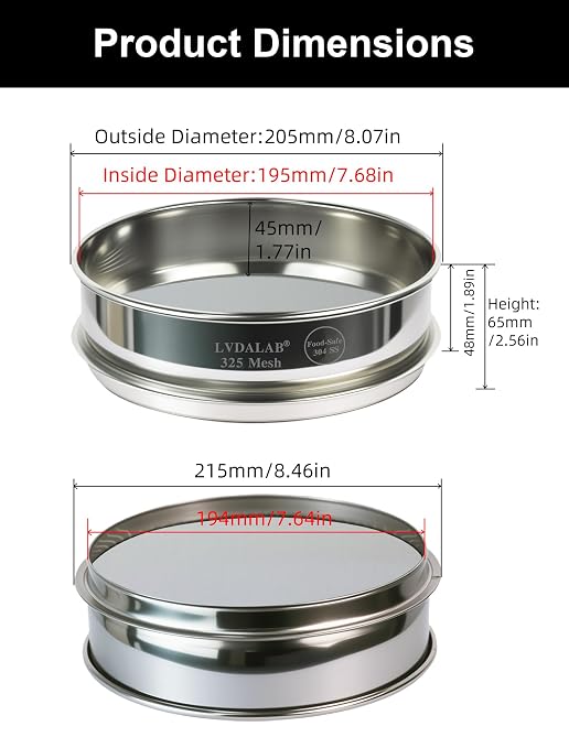All 304 Stainless Steel 325 Mesh Test Sieve (0.045mm Aperture), 8 Inch/20cm Diameter, Fine Micron Filter, Lab Analysis Sifter for Scientific Research, Inks & Paint Particle Testing