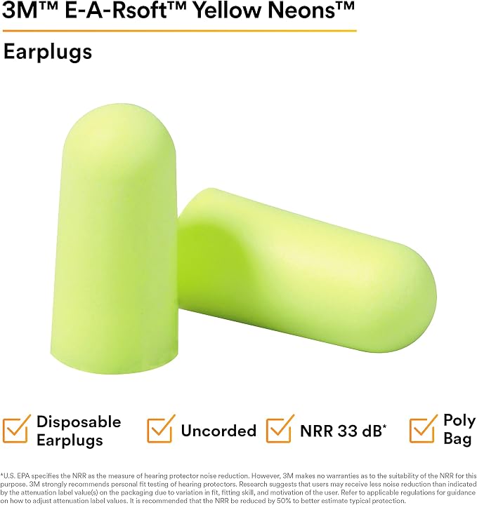 3M Ear Plugs, E-A-Rsoft Yellow Neons 315-1250, 200 Pair of Disposable Earplugs, Pairs Individually Wrapped, Regular Size, Uncorded, 33 NRR, Tapered Cylinder Shape, Slow Recovery Foam (Pack of 10)