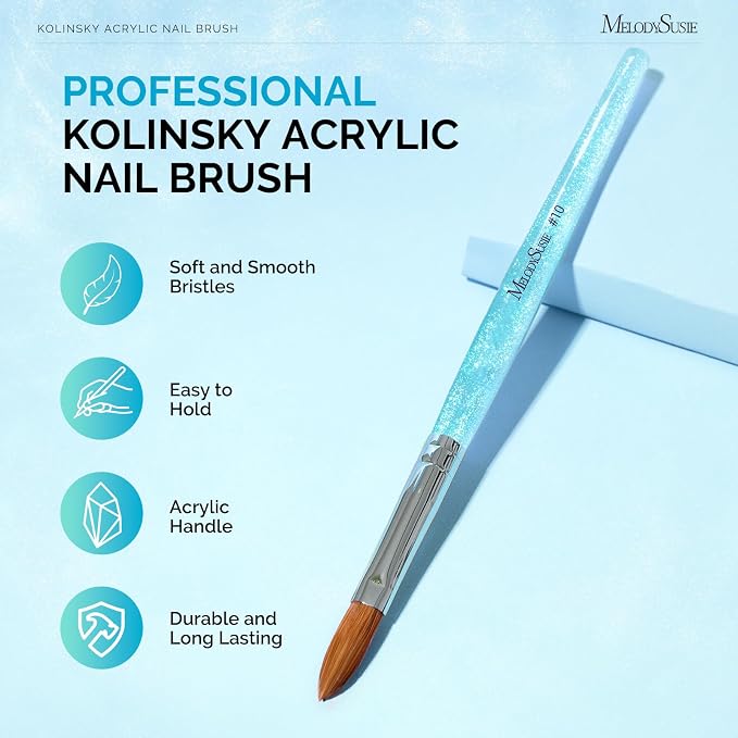 MelodySusie Kolinsky Acrylic Nail Brush,66% Kolinsky Hair Professional Nail Art Brush for Acrylic Application, Aurora Collection Fine Glitter Brush, Blue, Size 10