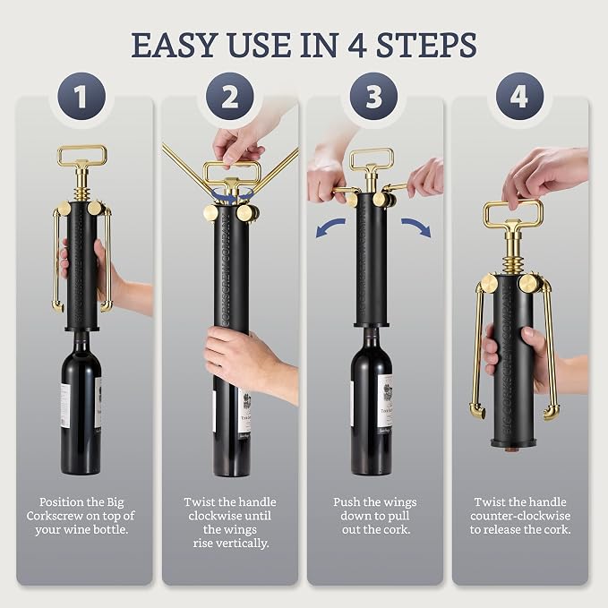Large Tabletop Corkscrew Wine Opener Centerpiece - Aluminum & Brass Finish Bottle Opener, Tablescape Decor, Luxury Gift for wine lovers, Dad, Mom, Retirement, Housewarming, Corporate Matte Black