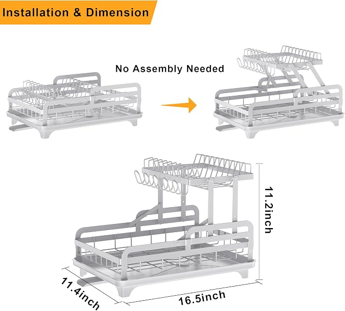 2 Tier Dish Drying Rack without Installation Metal for Kitchen Counter | for 1-3 People with Drain Board Multifunctional Storage and Drainage Apartment Essentials