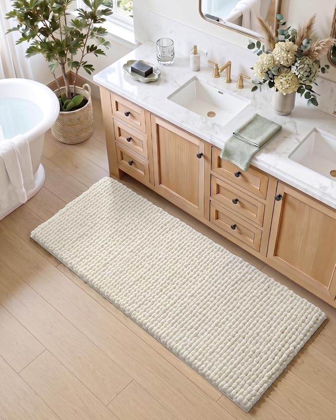 DEXI Bathroom Runner Rugs 60x24, Non Slip Washable Long Bath Mat, Luxury Chenille Super Absorbent Ultra Thick Bathmats for Shower Floor, Plush Fluffy Shaggy Carpet for Tub, Cream