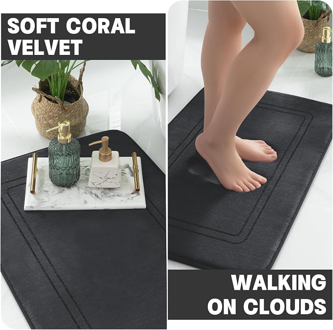 YIHOUSE Memory Foam Bath Mat Set, Bathroom Rugs Sets 2 Pieces, Non Slip Bath Mats for Bathroom, Super Soft and Water Absorbent Bath Rug Set, Machine Washable U Shape Toilet Rug,Black