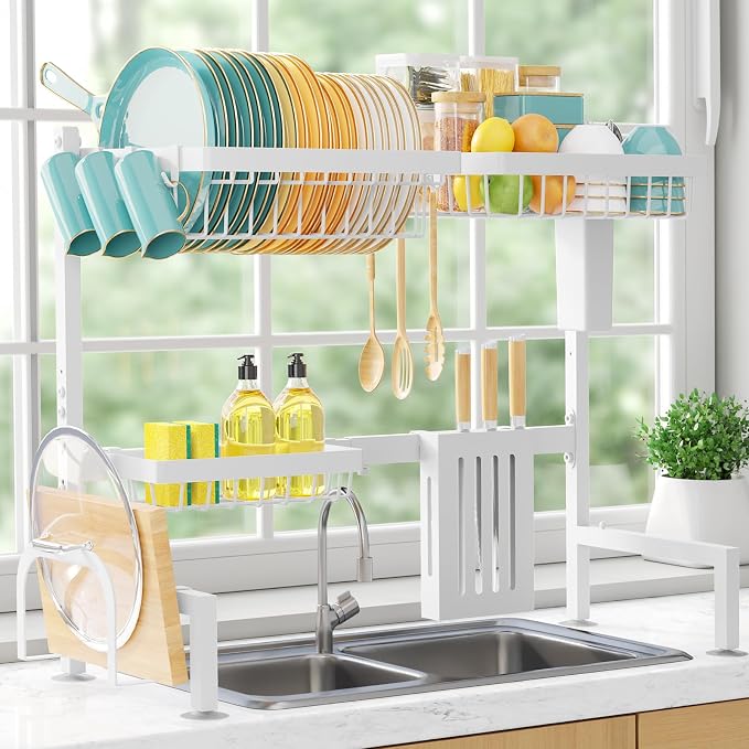 Sakugi Over The Sink Dish Drying Rack - Adjustable 2 Tier Large Capacity Stainless Steel Drainer with Cutlery & Utensil Holders, Kitchen Storage & Organization, 30"-33.9" L x 11" W x 21.5" H, White