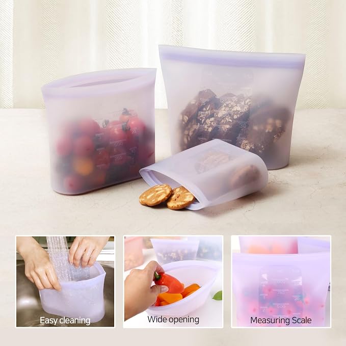 Reusable Silicone Food Storage Bags (Set of 3) – Leakproof Zip Seal, BPA-Free, Freezer & Microwave Safe – for Meal Prep, Snacks, Fruits, and More (Pink Set)