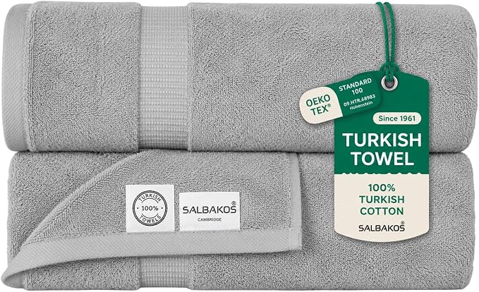 SALBAKOS 2-Piece 100% Turkish Cotton Bath Towels Extra Large 35x70, Silver | Oversized Bath Sheet Towel for Bathroom & Beach, Thick, Super Soft, Highly Absorbent, Premium Hotel Quality, Made in Turkey